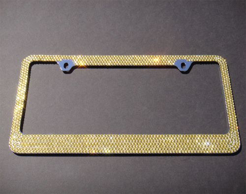 Popular 7 rows yellow crystal metal license plate frame+cap/a