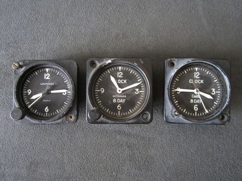 Three vintage aircraft 8 day clocks, wakmann wittnauer &amp; cessna for parts