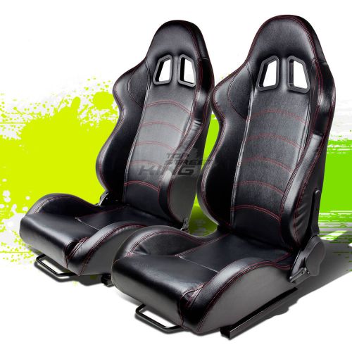 Left+right pair fully reclinable black pvc leather red stitch racing seat+slider