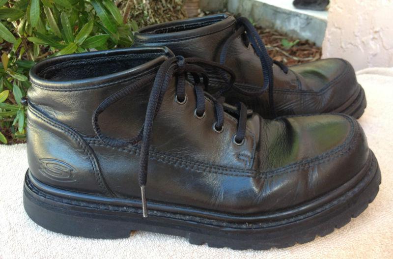 Skechers mens sz 9 used black leather work motorcycle lace up ankle boots~guc