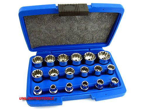 18 pcs 3/8" dr. penta-metric spline shape socket set works on damaged fasteners