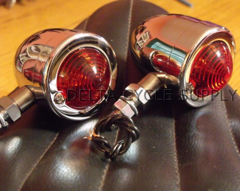 Pair dual filament red bullet stop turn running lights w tall stud harley bobber