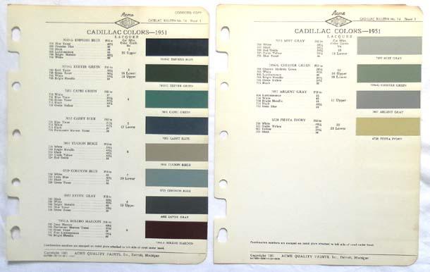  1951 cadillac acme color paint chip chart all models original