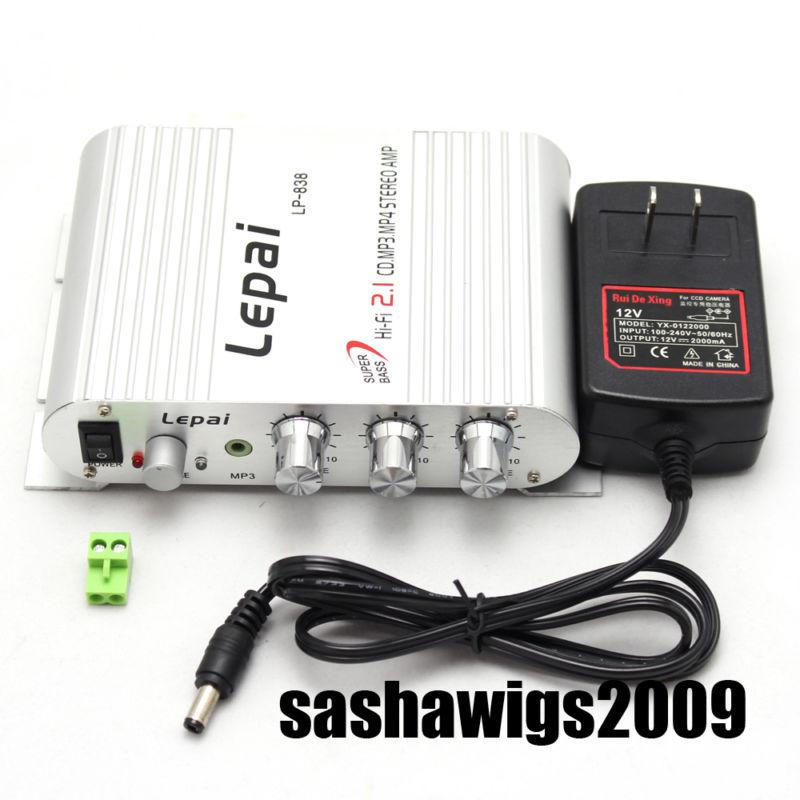 Silver 3 channel mini amplifier fit for car,motorcycle with power adapter