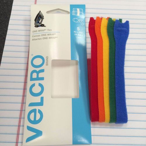 Velcro brand, one-wrap ties, 5, blue, green, yellow, orange &amp; red, 8&#034; x 1/2&#034;