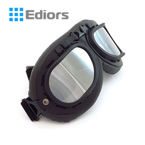 Black vintage motorcycle half face helmet flying goggles pilot biker silver lens