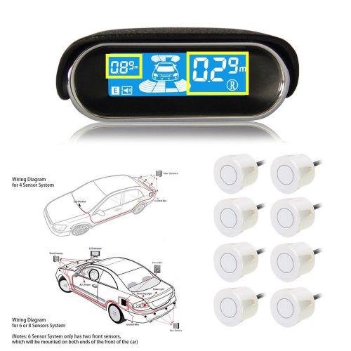 White 8 parking sensors led display car reverse radar collision avoidance syste