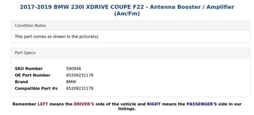 2017-2019 BMW 230I XDRIVE COUPE F22 - Antenna Booster / Amplifier (Am/Fm), US $12.99, image 3