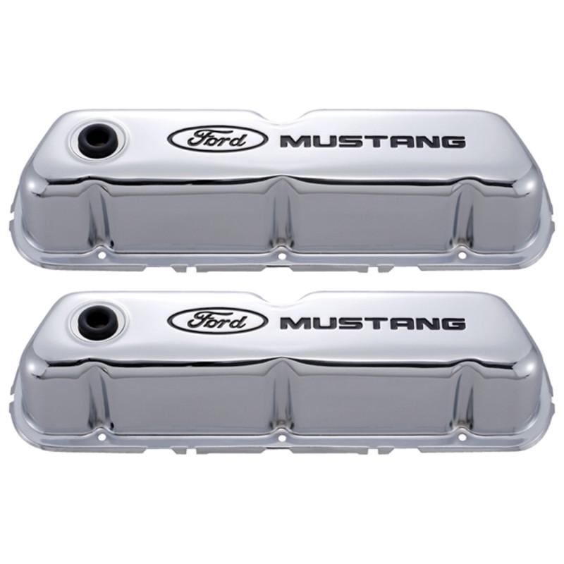 Ford racing chrome valve covers with black 'ford mustang' pair 289/302/351w