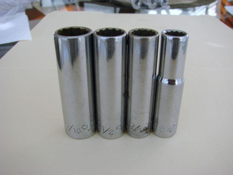 Lot of 4 sears craftsman 3/8" drive sockets sae 3/8" - 9/16" deep well 12 point
