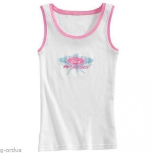 New white &amp; pink ford racing ladies womens size large rib tank top shirt!