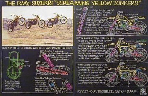 Suzuki rm125 rm250 rm370 2 page ad 1976 yellow zonkers 125 250 370