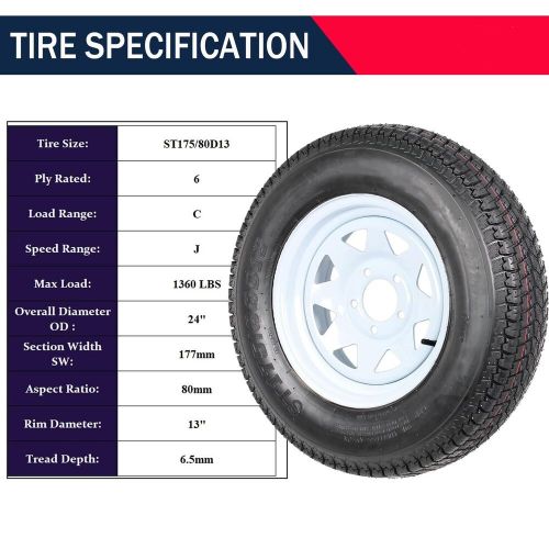 Set of 2 Trailer Tires Rims ST175/80D13 175/80 13 Load Range C 5 Lug Spoke Wheel, US $137.74, image 8