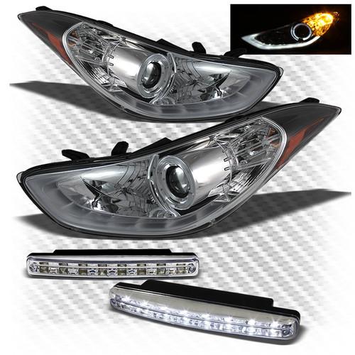 Fit 11-13 elantra drl led light tube halo projector headlights + daytime drl set