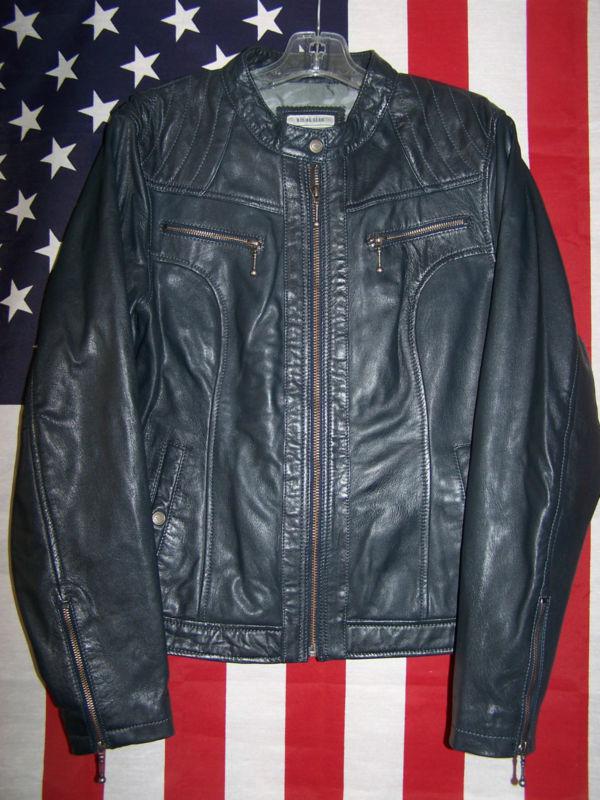 Genuine womens ec gu navy blue harley davidson leather coat jacket size large l 