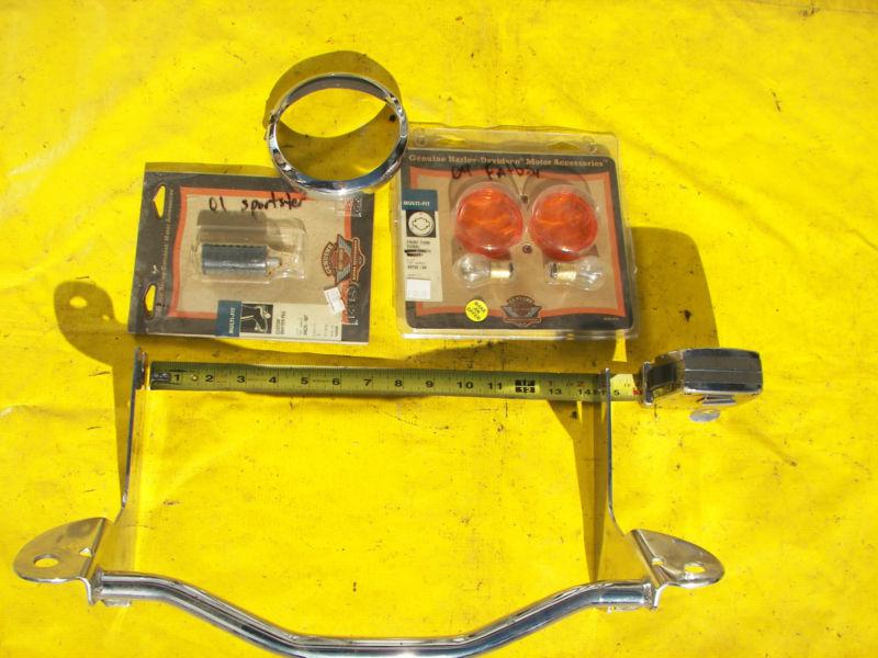 Harley spotlight bar, turn lense, shifter peg, spotlight bezel