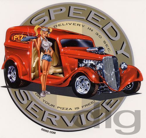 Hot pizza delivery girl in 1930's panel wagon hot rod sticker/decal