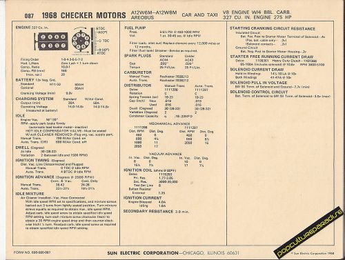 1968 checker motors a12w6m/a12w8m aerobus taxi 327 car sun electronic spec sheet