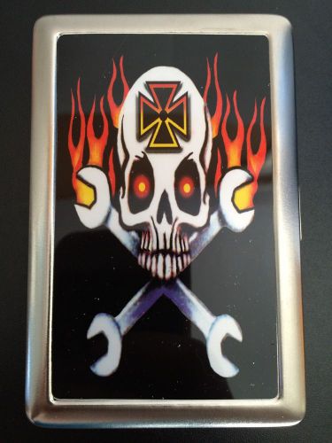 Cigarette case choppers flaming skull and cross wrenches 4&#034; x 2.5&#034; new!