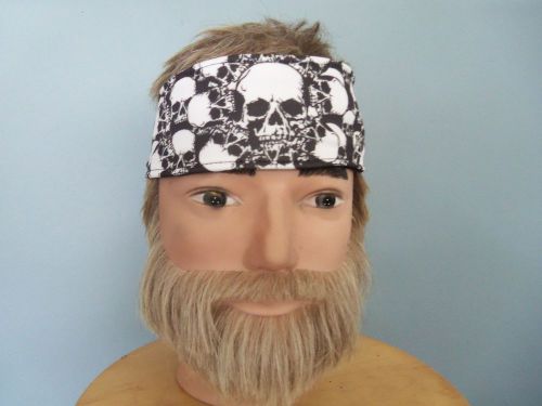 1% biker head band 3 1/2"wide skulls white black headwraps terry cloth sweat ban