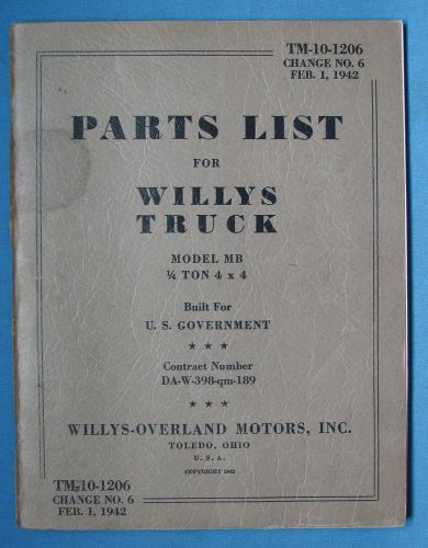 *rare 1942 u.s. military &#034;jeep&#034; parts list for willys truck tm-10-1206*