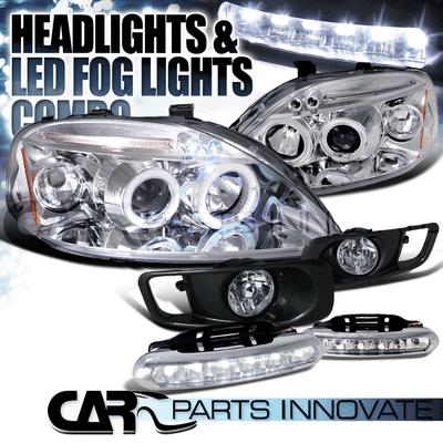 99-00 civic chrome halo led projector headlights+clear fog lamps+6-led drl