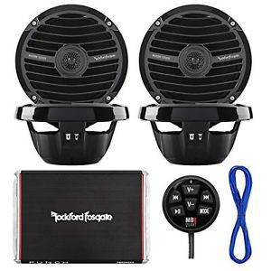4x black rockford rm0652b 6.5&#034; marine speakers, amplifier, bluetooth controller