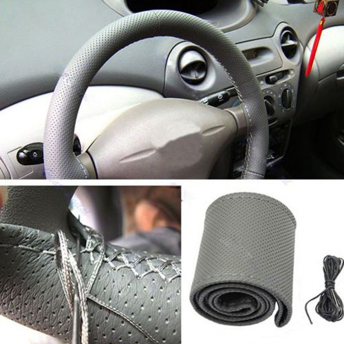 Universal auto gray leather diy steering wheel cover w/needles w/thread cool