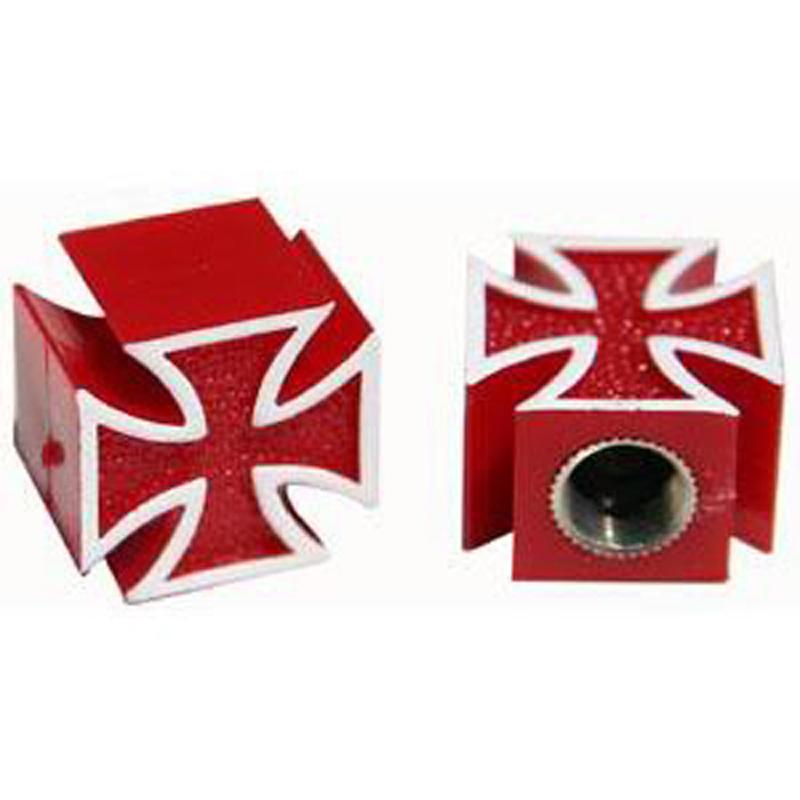 Red iron cross valve stem caps hot rat rod motorcycle bike chopper bobber vw