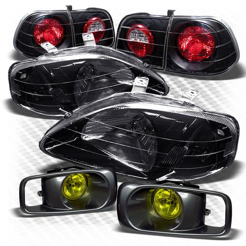 99-00 civic 4dr black headlights + altezza style tail lights + yellow fog lights