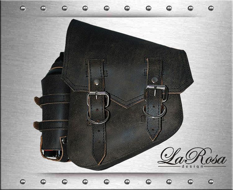 Larosa rustic black leather softail bobber left solo saddlebag + 30oz fuel can
