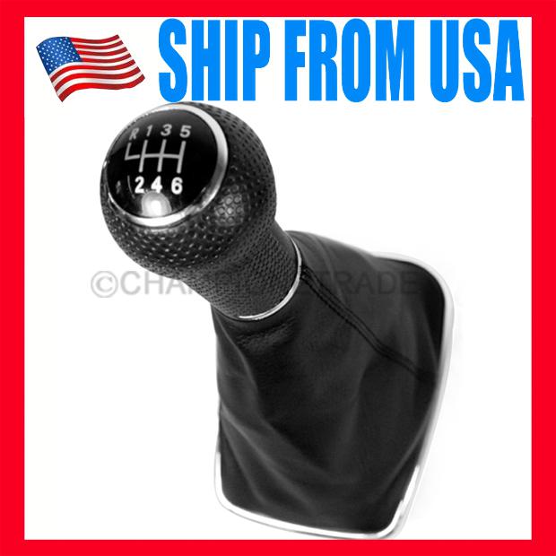 Us black 6 speed leatherette chrome base shift knob gaitor for vw gti r32 99-05