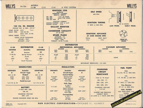 1963 willys jeep 134 models cj-3b/cj-5/cj-6 6 volt car sun electronic spec sheet