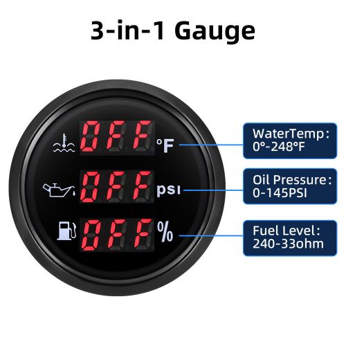 52mm 3 in 1 Multi-Function Car Digital Water Temp ℉ Oil Pressure PSI Fuel Gauge, US $28.89, image 11
