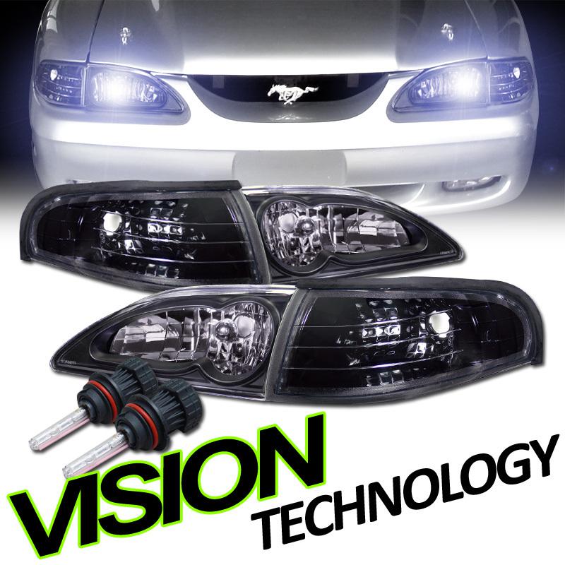Bi-xenon high+low beam hid 94-98 mustang jdm black head lights+corner lamps pair