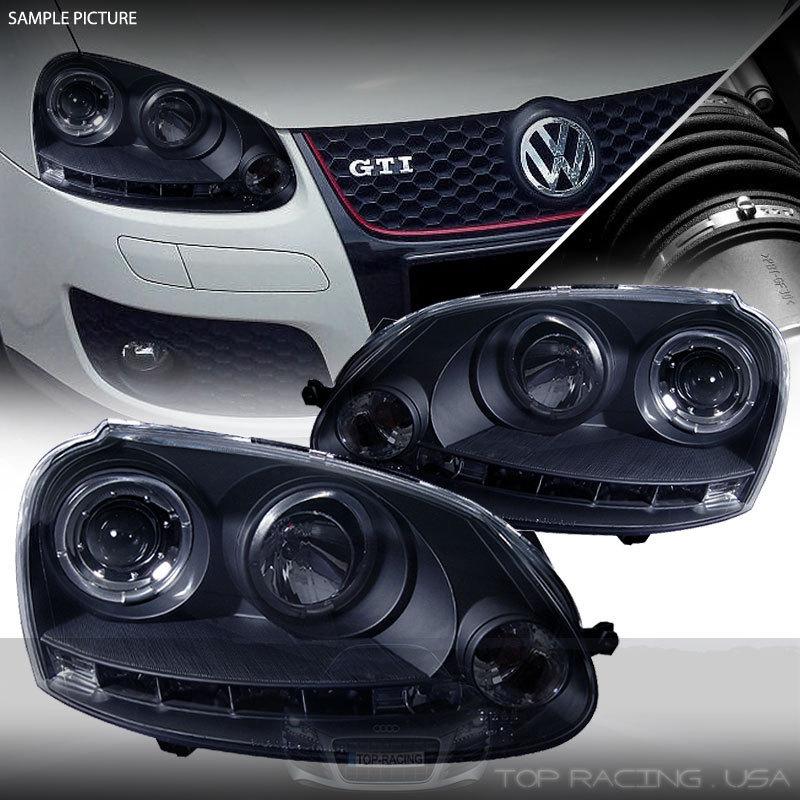 Black dual halo led projector headlights pair for volkswagen gti / jetta 06-09