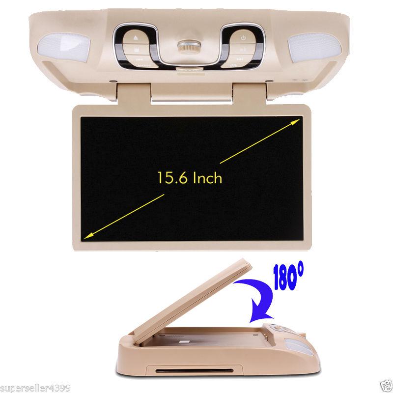 Overhead 15.6" roof mount car dvd player 180° rotating usb/sd game beige/tan
