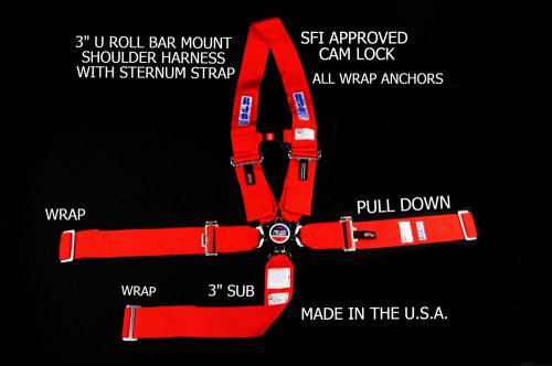 Rjs sfi 16.1 5pt cam lock u wrap roll bar mount belt sternum strap red 1037504