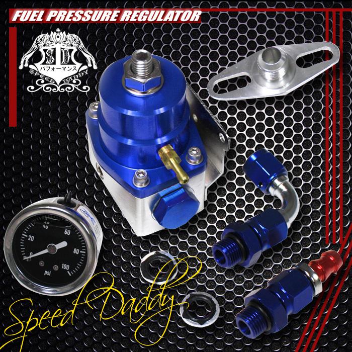 Adjustable 40-75 psi fuel pressure psi regulator+npt gauge injected bypass blue