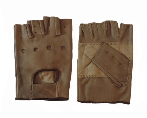 Mens genuine brown leather motorcycle padded fingerless driving gloves medium