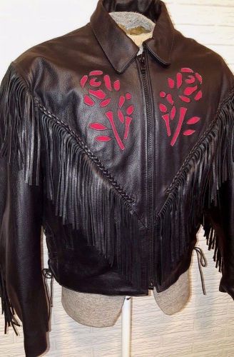 Leather fringed motorcycle jacket biker womens xxl interstate leather 2x roses