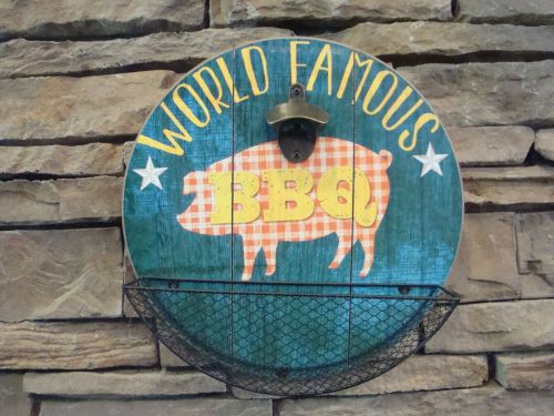 World famous bbq vintage style bottle opener 14 x 14  wood man cave garage signs