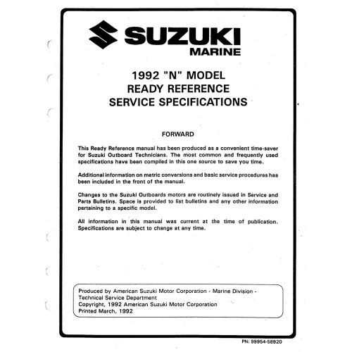 Suzuki outboard marine 1992 service specification manual 99954-58920