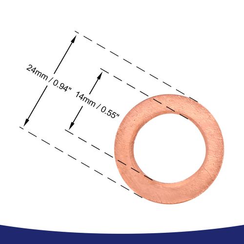 Copper disc, flat gasket ring, spacer, 14 x 24 x 1.5mm, 5-piece-