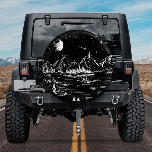 Black And White Starry Night Mountain Spare Tire Cover, Celestial, Stargazing, M, US $28.49, image 3
