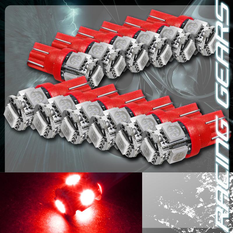 12x red smd 5 led 12v t10 wedge light bulb interior side marker / license plate