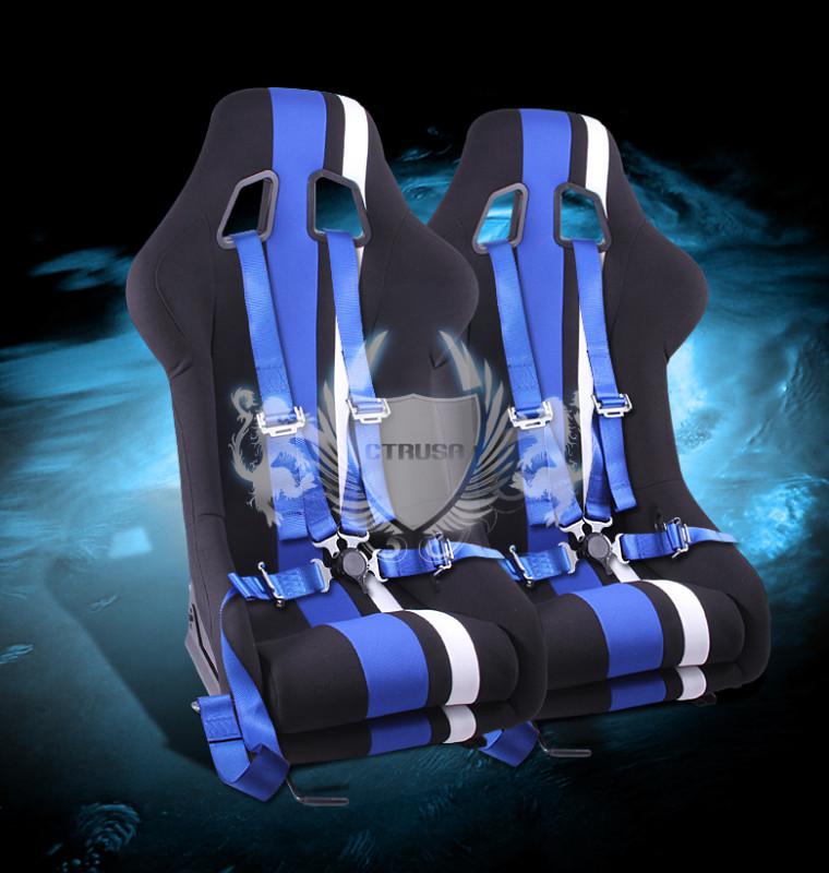 2x black/blue white stripe fabric racing bucket seat+4pt blue belt camlock strap