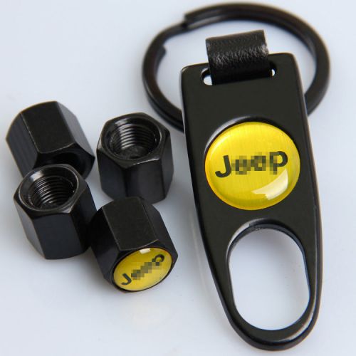 4pcs black car wheel airtight tire stem air valve caps + keychain tool fit jeep