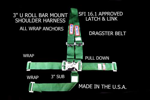 Rjs sfi 16.1 latch &amp; link harness dragster u wrap roll bar 5 point green 1126409