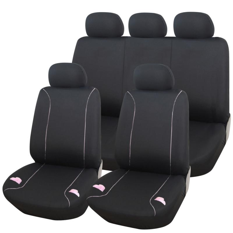 Adeco 9-piece universal vehicle car seat cover set - black w/ pink embroidery